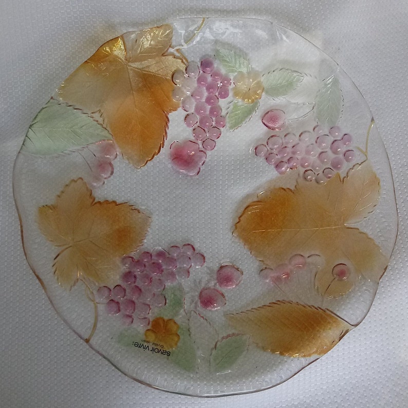 Mikasa Studio Nova Japan Cornucopia Pattern Savoir Vivre Crystal Glass Serving Platter Fruit Wild Orchard Grapes Leaves Cherries Centerpiece