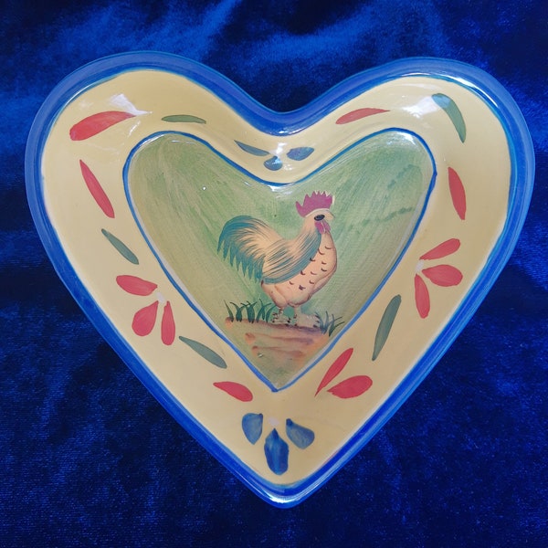 CUTE ROOSTER DISH!  Heart Shaped Ceramic Hand Painted Rooster Yellow Red Blue Green Dip Nut Candy Bowl Dish