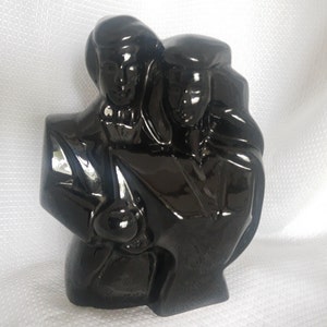 Vintage Art Deco Revival Black Ceramic Bride and Groom Bust Sculpture Figure Statue