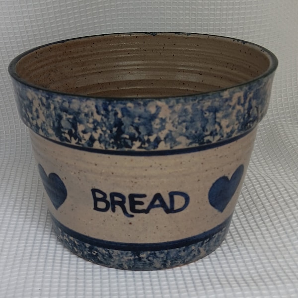 Hand Crafted Glazed Stoneware Bread Bowl Sponged Blue Heart Design Folk Art Pottery By Sugar Camp