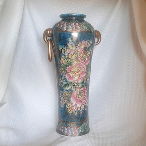 Large Porcelain Ornate Blue Pink and Gold Hand Painted Floral Japanese Vase as is