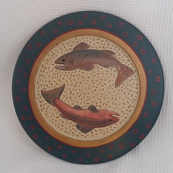 Handmade Round Wooden Pisces Fish Astrology Wall Art Plaque Signed by Artist