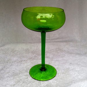 Tall Hand Blown Footed Smooth Green Empoli Art Glass Long Stemmed Open Compote 9 3/4 inches