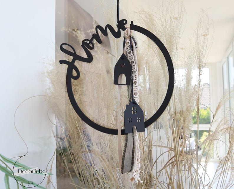 Corona para ventana con casa y cintas, corona para puerta, anillo de flores secas estilo boho, eucalipto, lazo de flores secas imagen 4