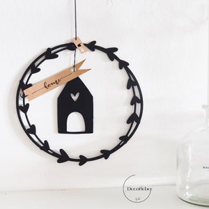 Pretty double-row window wreath with house and label home in black, wall decoration, door wreath, window decoration, door sign