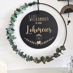 Door wreath, family sign, metal ring, personalized door sign, desired name in black, wedding gift, housewarming gift, Christmas gift