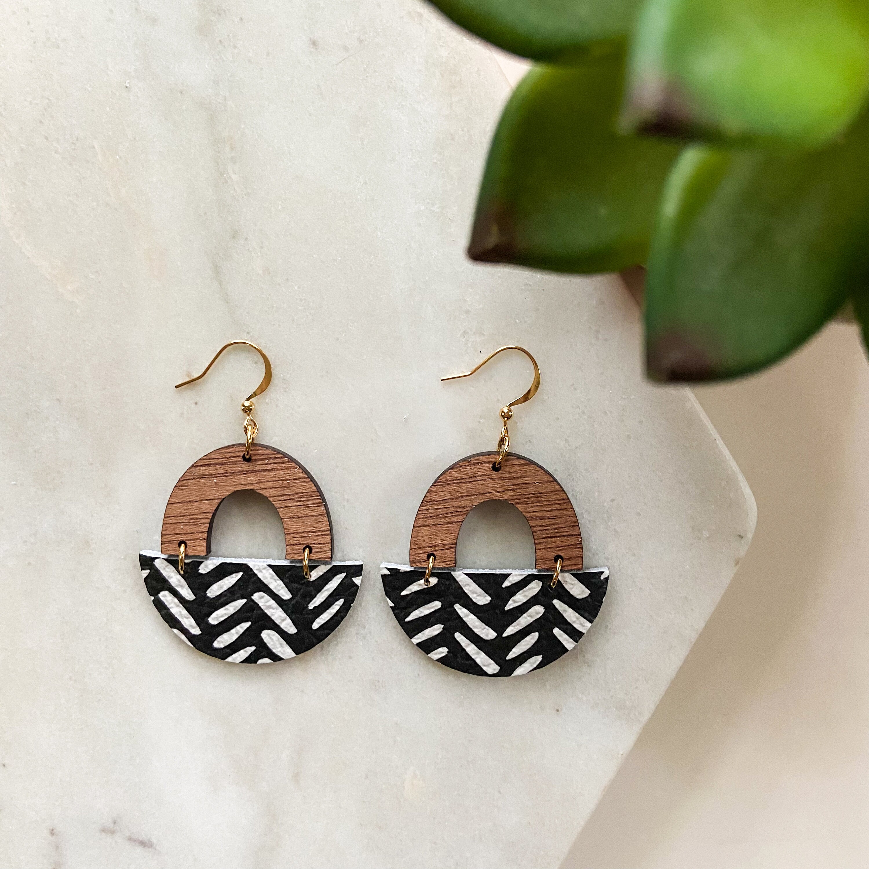Leather earrings modern earrings wood earrings geometric Etsy