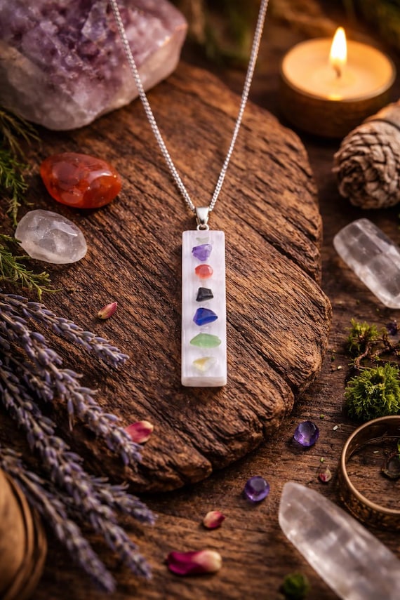 Spiritual 7 Chakra Bar Pendant Necklace | Handmade Healing Gemstone Jewelry