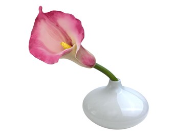 handmade pink calla lily porcelain flower in a white handblown vase, teenage girl bedroom, mantel decor, white pink christmas decorations