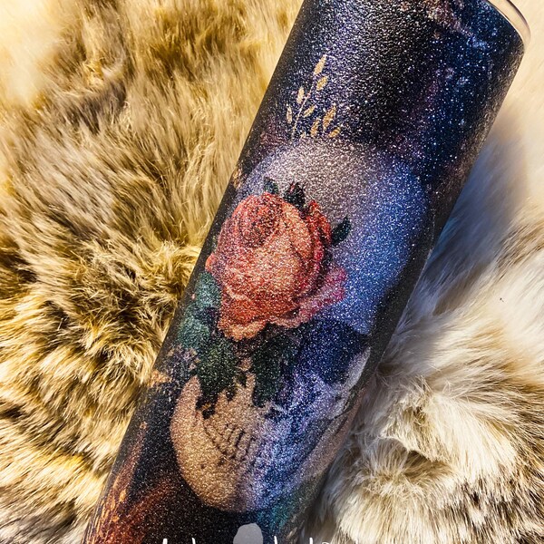 Floral Goth Skull Glitter Tumbler, Dark Academia Tumbler, Witchy Gift, Witch, Magic, Goth gift, minimalist