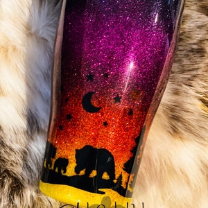 Bear Sunset Forest Water Bottle, Bear cub Tumbler, Sunset Travel Mug, Bear Inspired, Forest, Mountain, Outdoors image 1