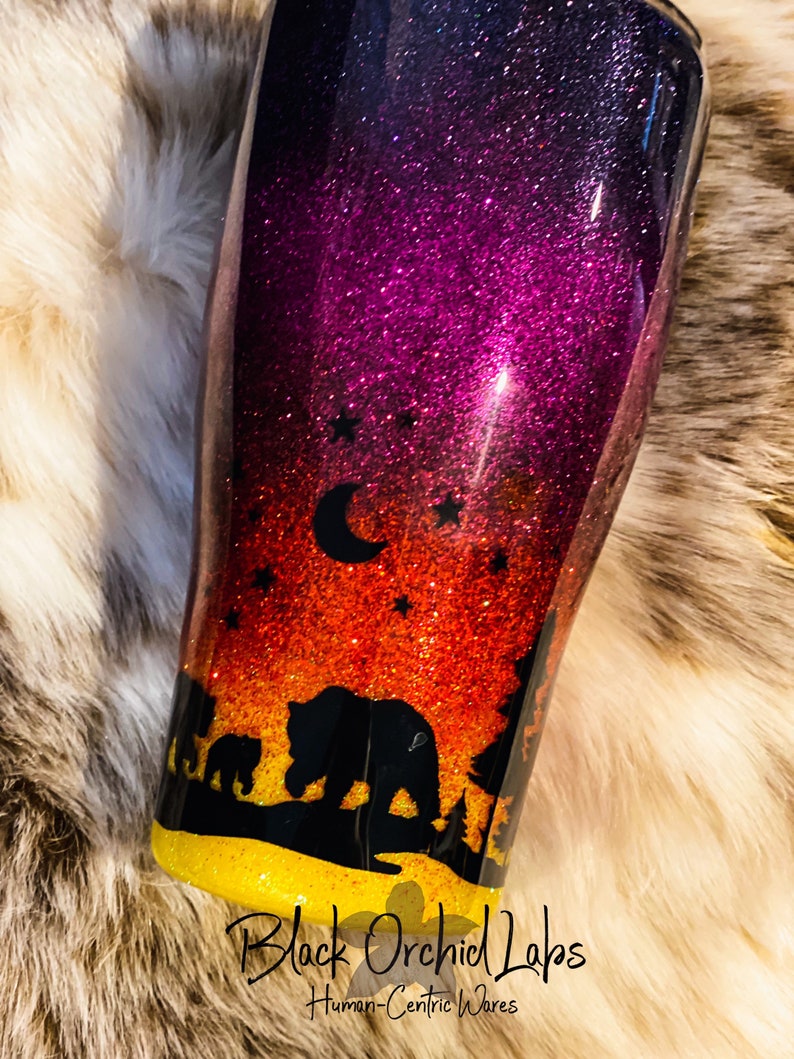 Bear Sunset Forest Water Bottle, Bear cub Tumbler, Sunset Travel Mug, Bear Inspired, Forest, Mountain, Outdoors image 1