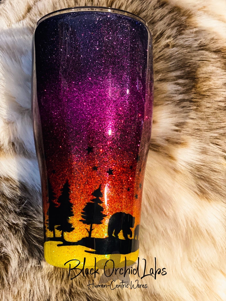 Bear Sunset Forest Water Bottle, Bear cub Tumbler, Sunset Travel Mug, Bear Inspired, Forest, Mountain, Outdoors image 6