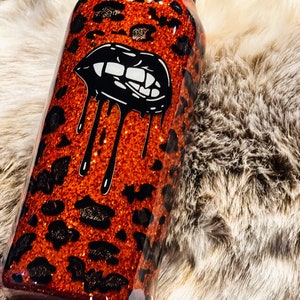 Vampire Leopard Print Glitter Tumbler, Bat Cheetah Print Travel Mug, Animal Print Water Bottle, Halloween Gift, Orange Gothic Traveler Mug