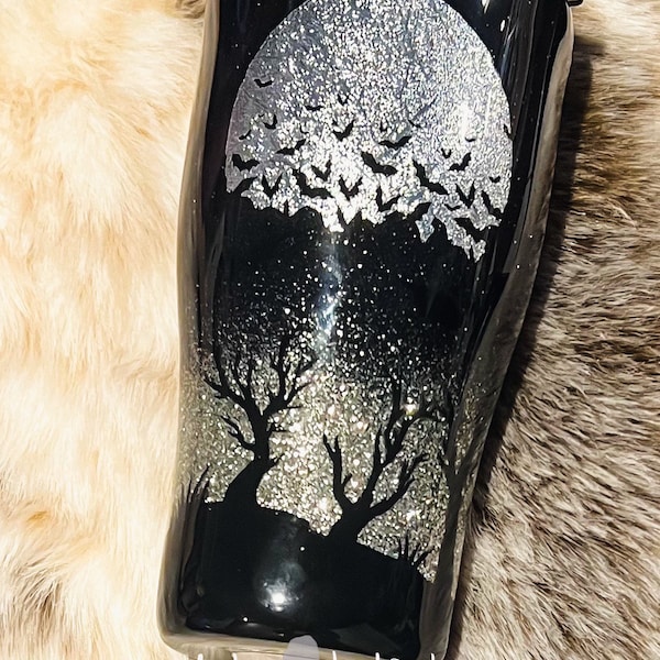 Haunted Forest Glitter Tumbler, Bat, Moon Travel Mug, Spooky Water Bottle, Halloween Gift, Elegant Gothic Traveler Mug