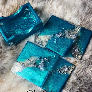 Set of 4 Resin Coaster Set, Artistic Coaster Set, Turquoise and Silver, With Holder, Housewarming, Wedding Gift, Elegant Home, Office Decor