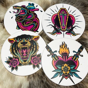 Traditional Tattoo Set of 4 Sandstone Coasters, Tattoo art Coasters, Housewarming Gift, Furniture and Decor, tattoo decor