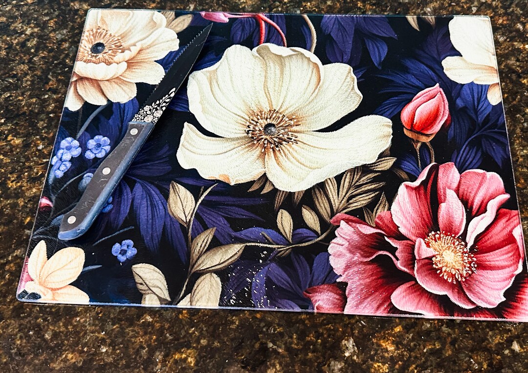 Vibrant Floral Glass Cutting Board, Colorful Kitchen Décor, Gift for Her, Housewarming, Wedding, Cooking Enthusiasts