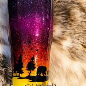 Bear Sunset Forest Water Bottle, Bear cub Tumbler, Sunset Travel Mug, Bear Inspired, Forest, Mountain, Outdoors image 2