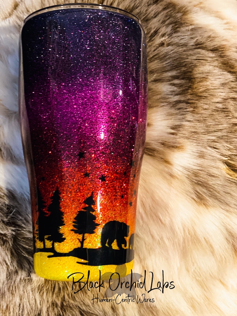 Bear Sunset Forest Water Bottle, Bear cub Tumbler, Sunset Travel Mug, Bear Inspired, Forest, Mountain, Outdoors image 2