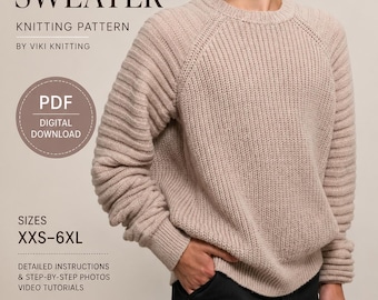 Knitting pattern: Men's Raglan Sweater - Sizes XXS to 5XL