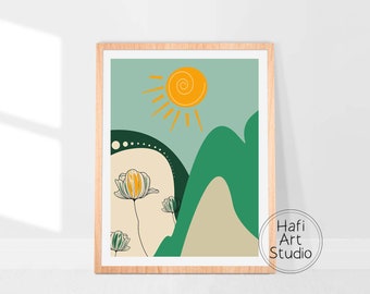 May include: A framed wall art print featuring a stylized landscape with a yellow sun, green rolling hills, and beige foreground elements. Three line-art flowers with yellow centers are visible. The text Hafi Art Studio is in the bottom right corner.