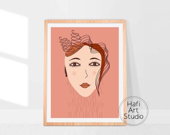 Abstract Face Print, Women Line Drawing, Terracotta Printable Wall Art, Boho Poster, Girl Room Pictures, Digital Download