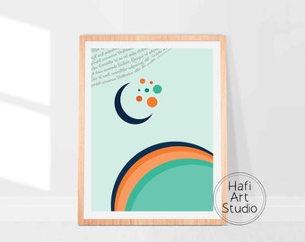 May include: A framed wall art print featuring a light mint green background with a dark blue crescent moon, orange and teal circular dots, and a layered semi-circle graphic in dark blue, orange, and teal. Latin text appears in the upper left corner.