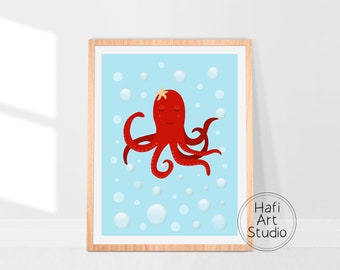 Impresión del vivero del pulpo, arte de la pared del submarino, impresiones de la habitación del bebé, cartel de los animales de mar, descarga digital