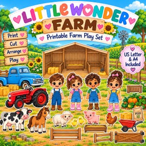 Può includere: Un set da gioco per fattoria stampabile intitolato Little Wonder Farm con un fienile, un camion blu, un trattore rosso, quattro bambini e vari animali da fattoria, con opzioni di formato US Letter e A4 incluse.