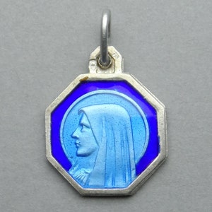 Saint Virgin Mary, Our Lady of Lourdes. Antique Religious Enamel Pendant.