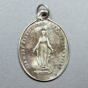 Saint Virgin Mary, Our lady of Fourviere. Antique Religious Silver Pendant. Large Medal.
