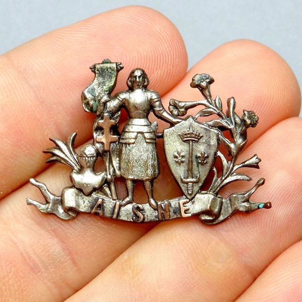 Saint Joan of Arc in Armor. Aisne. Lorraine Cross, & Fleur de lis. French Antique Religious Brooch.