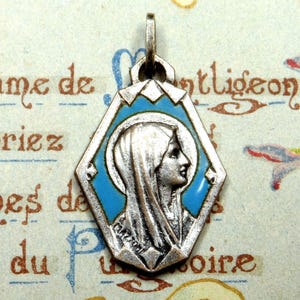 Saint Virgin Mary. Antique Religious Pendant. French Enamel Medal.