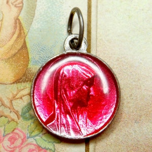 Holy Virgin Mary. Antique Religious Pendant. French Enamel Medal.