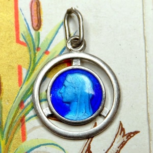 Saint Virgin Mary, Lourdes. French Antique Religious Enamel Pendant. Silver Medal.