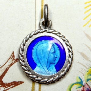 Saint Virgin Mary, Lourdes. French Antique Religious Enamel Pendant. Silver Medal.