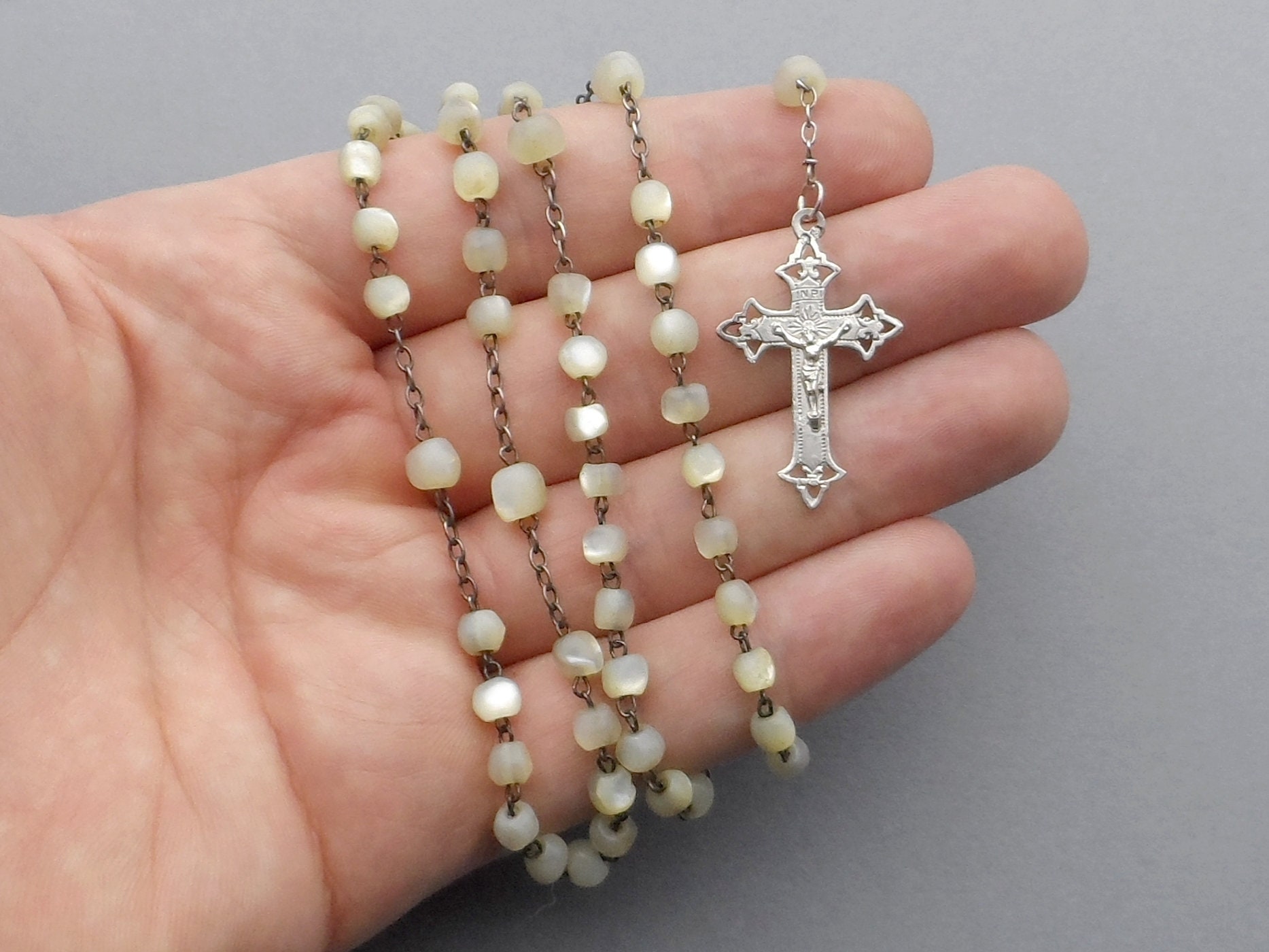 Antique Religious Rosary. Mother Of Pearl & Silver.