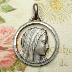 Saint Virgin Mary. Lourdes, Marian Apparition. French Antique Religious Large Pendant. Openwork Medal.