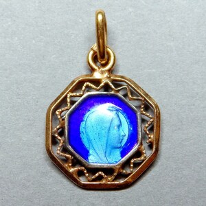 Saint Virgin Mary, Lourdes. French Antique Religious Enamel Pendant. Art Deco Medal.