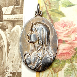 Saint Virgin Mary, Lourdes. Antique Religious Pendant. Large Medal.