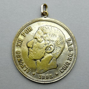 Alfonso XII 1882, 5 Pesetas, Coin. Vintage Large Pendant.