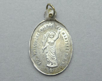 Saint Philomena. Antique Religious Pendant. Silver medal.