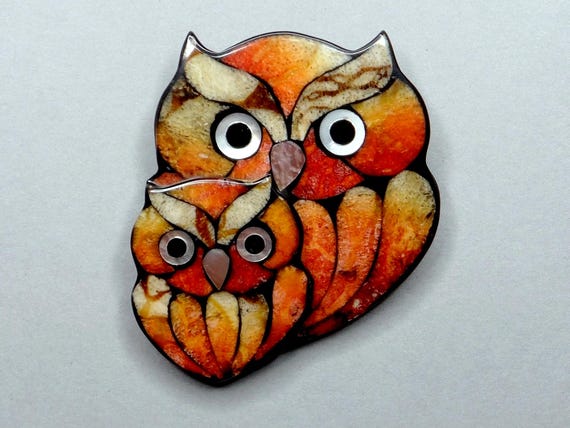 Eurasian eagle owl. Vintage Lother of Pear & Shell Large Brooch.