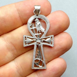 Ankh Cross. Horus, Hieroglyph. Antique Silver Openwork Pendant. Large Travel Souvenir Medal.