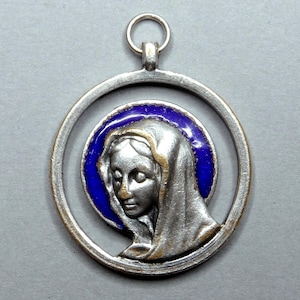 Saint Virgin Mary. Lourdes, Marian Apparition. French Antique Religious Large Enamel Pendant. Openwork Medal.