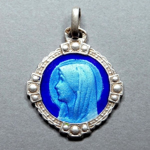 Saint Virgin Mary, Lourdes. French Antique Religious Enamel Pendant. Large Silver Medal.