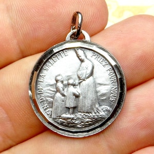 Our Lady of Salette. Saint Virgin Mary. Antique Religious Pendant. French Large Medal.