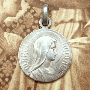 Maria Immac, Saint Virgin Mary, Lourdes. French Antique Religious Pendant. Silver Medal.