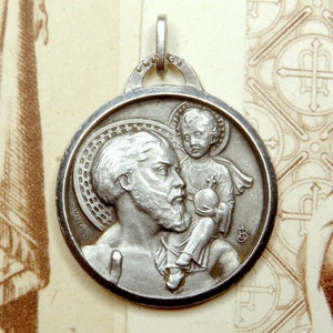 Saint Christopher and Jesus. Antique Religious Silver Pendant. French Medal by Charm.